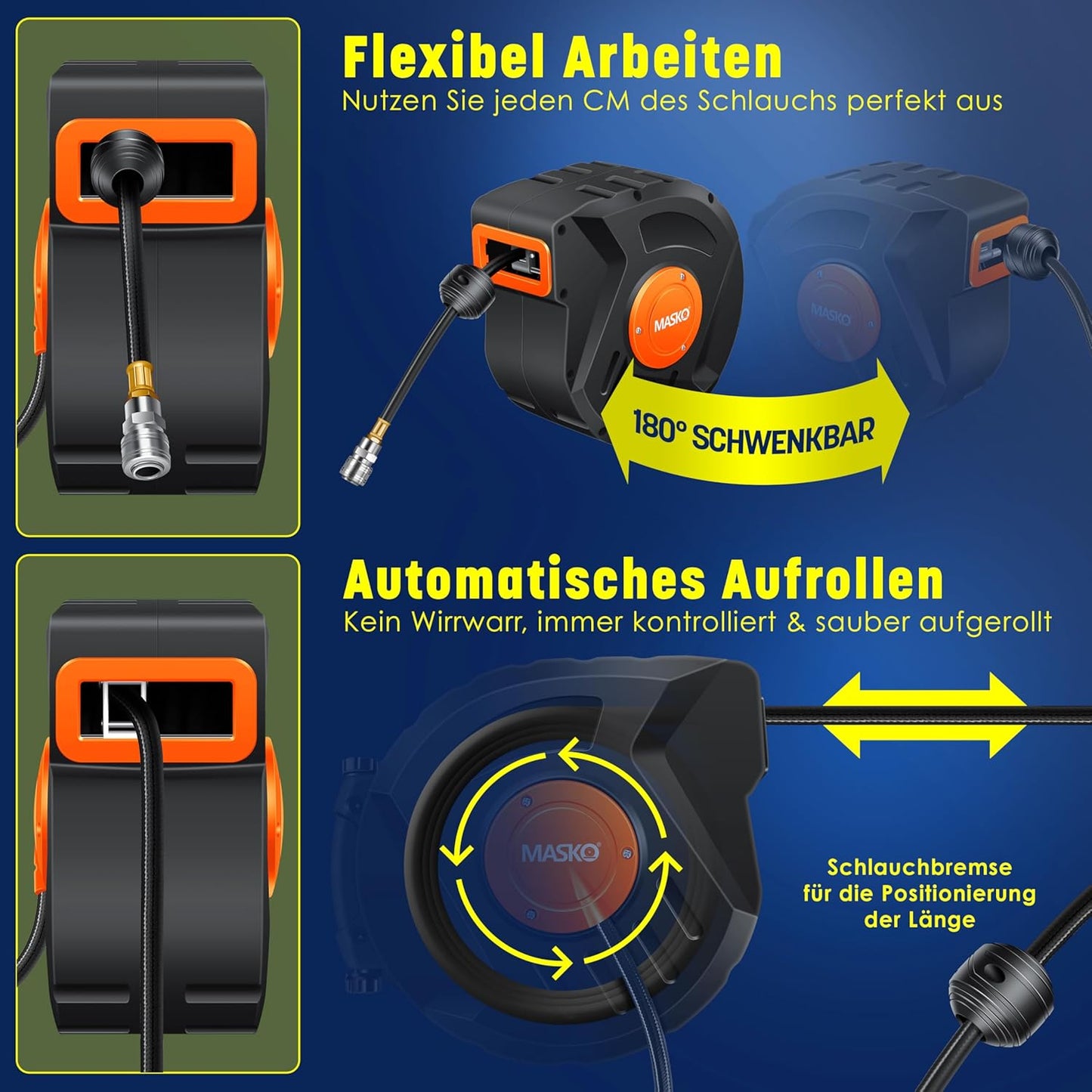 Automatik Druckluftschlauch Aufroller, 10 m Orange / Schwarz