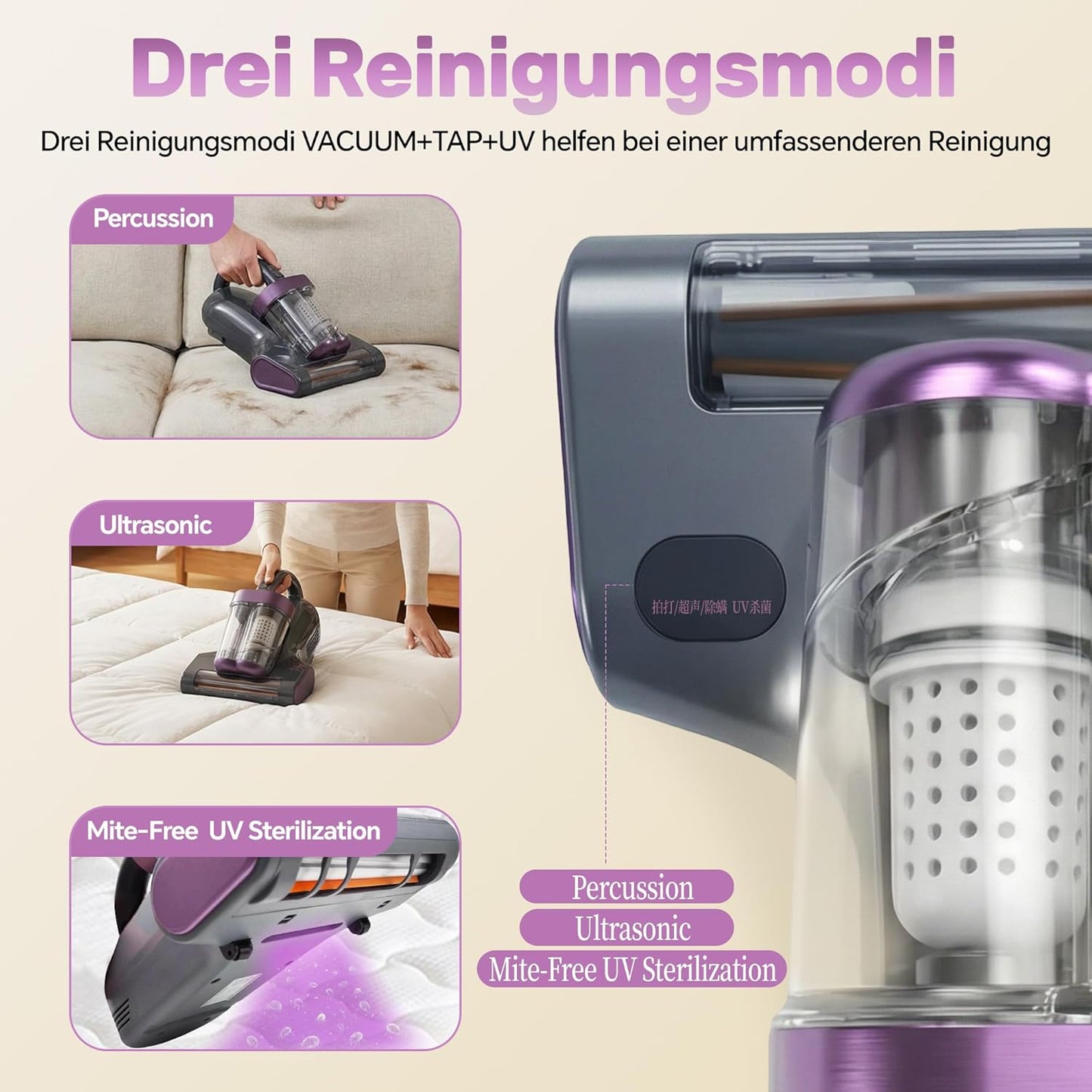 3-in-1 Milbensauger mit UV-C Licht & Heissluft