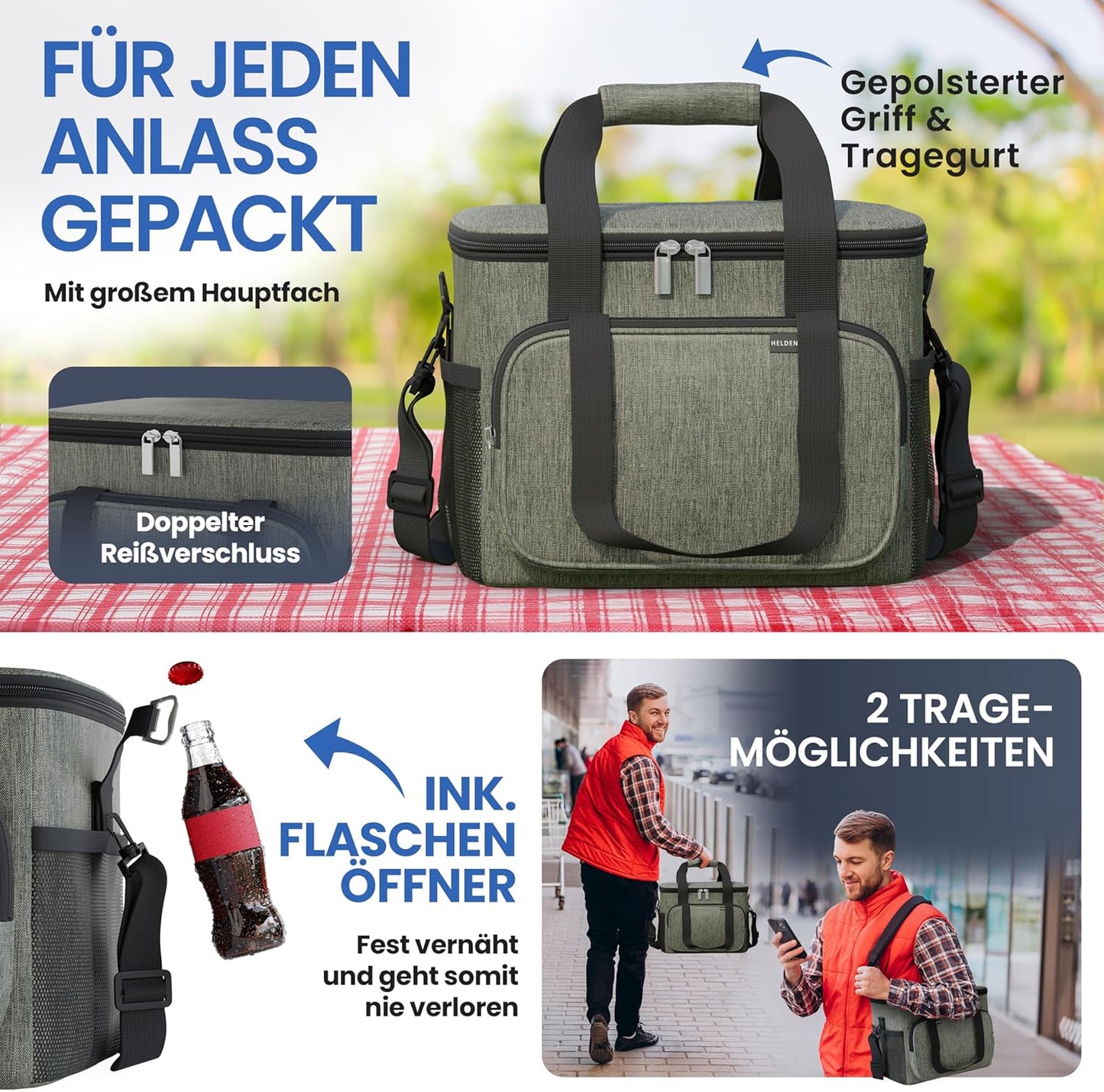 Faltbare Kühltasche mit Flaschenöffner & verstärktem Boden, Olivgrün 20L