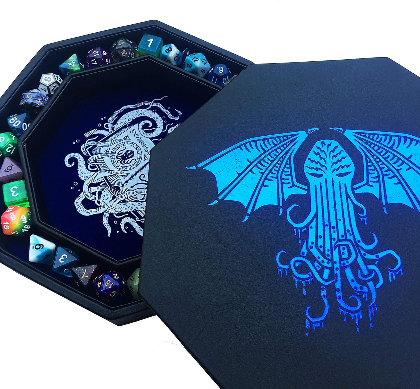 Achteckiges Thulhu Tome Würfeltablett mit Deckel für RPGs, Blue
