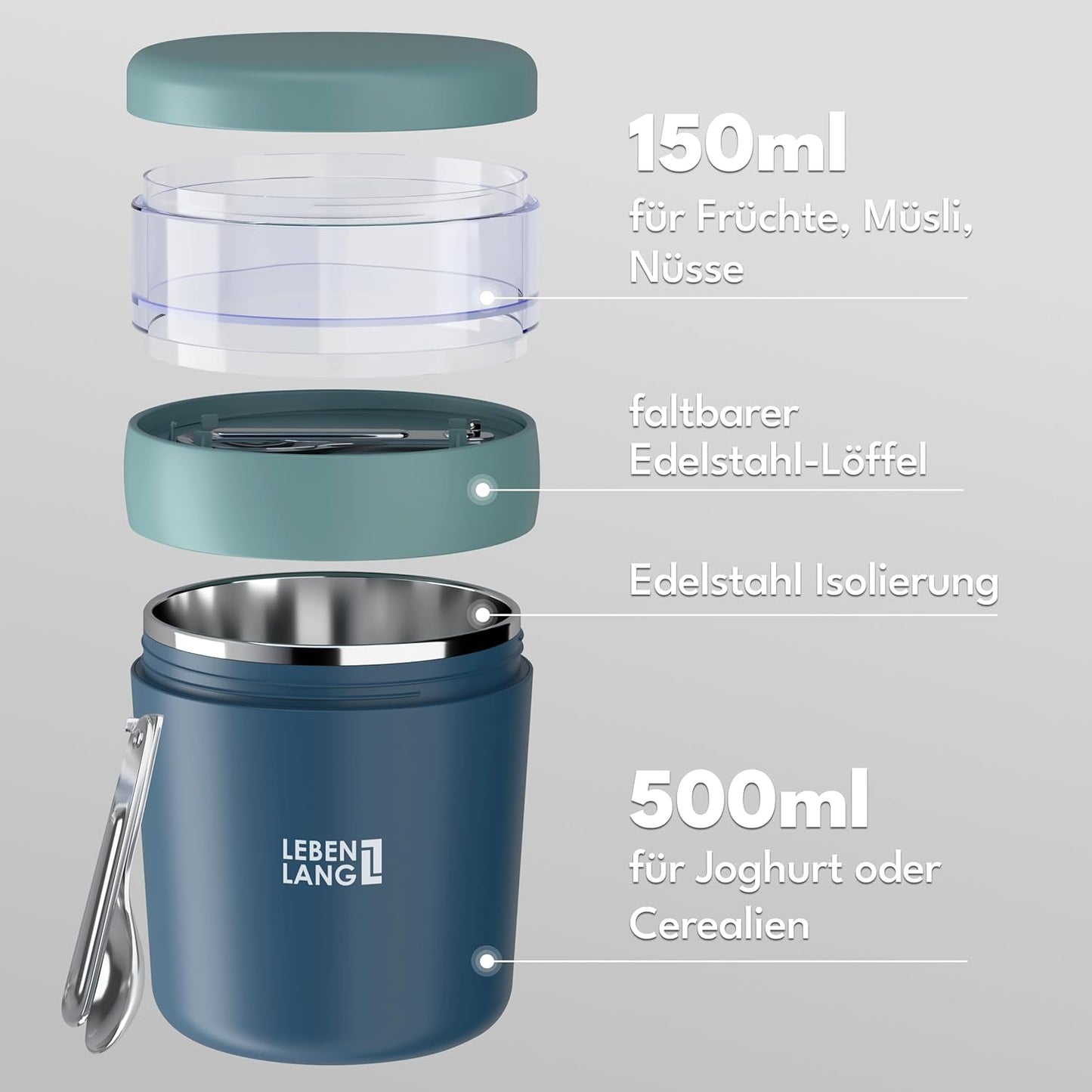 Müslibecher To Go mit Löffel, Blau 500ml + 150ml