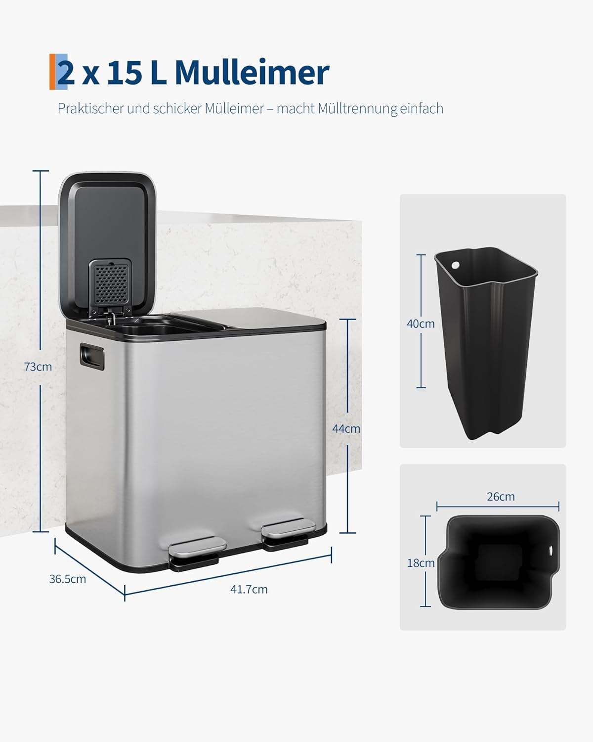 Mülleimer mit Mülltrennsystem, Beige 30L