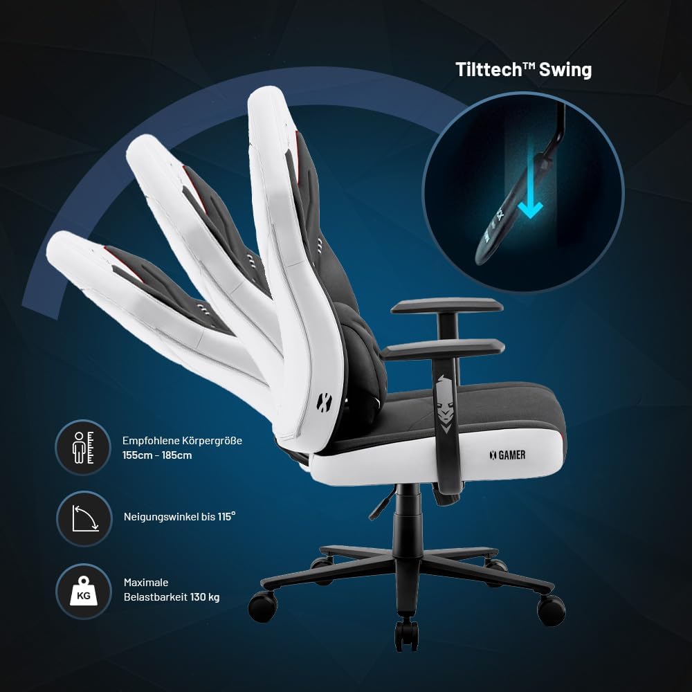 Ergonomischer Gaming-Stuhl X-Gamer 2.0, Schwarz-weiss 128 cm x 68 cm x 55 cm