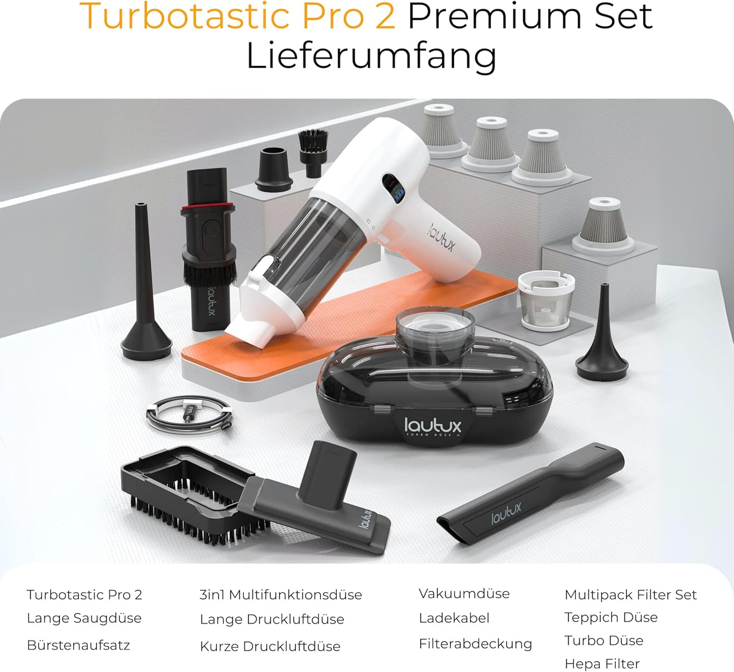 Handstaubsauger Turbotastic Pro 2 mit HEPA-Filter, 4-in-1 Düsen, Perlweiss Premium Set