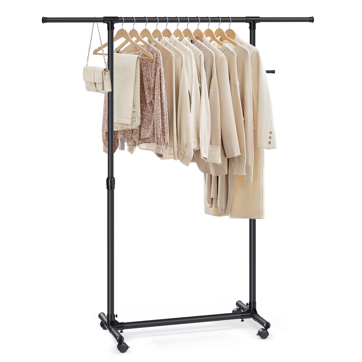 Höhenverstellbarer Kleiderständer auf Rollen, LLR001B01, Tintenschwarz 44 x (87-150) x (97-165) cm