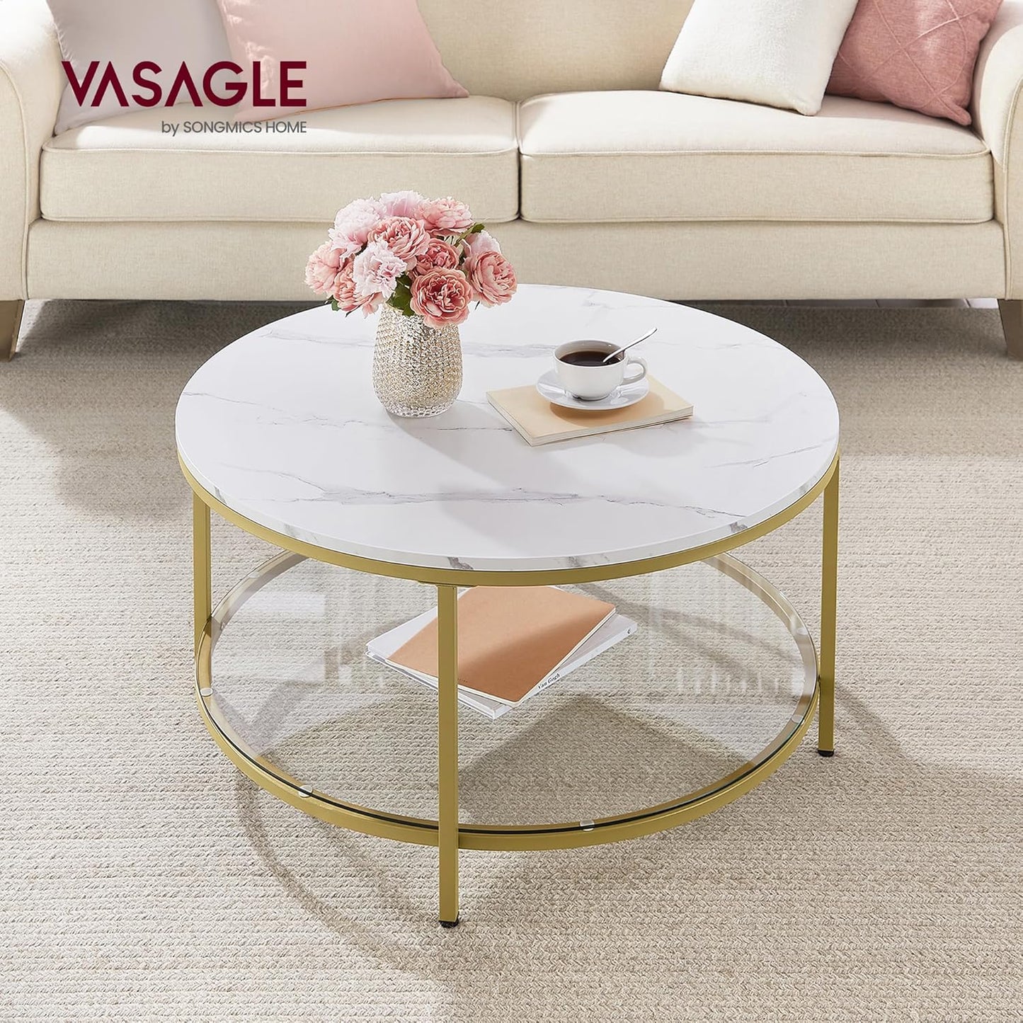 Moderner Couchtisch mit Glasplatte und Stauraum, Marmorweiss + Helles Gold 80d cm