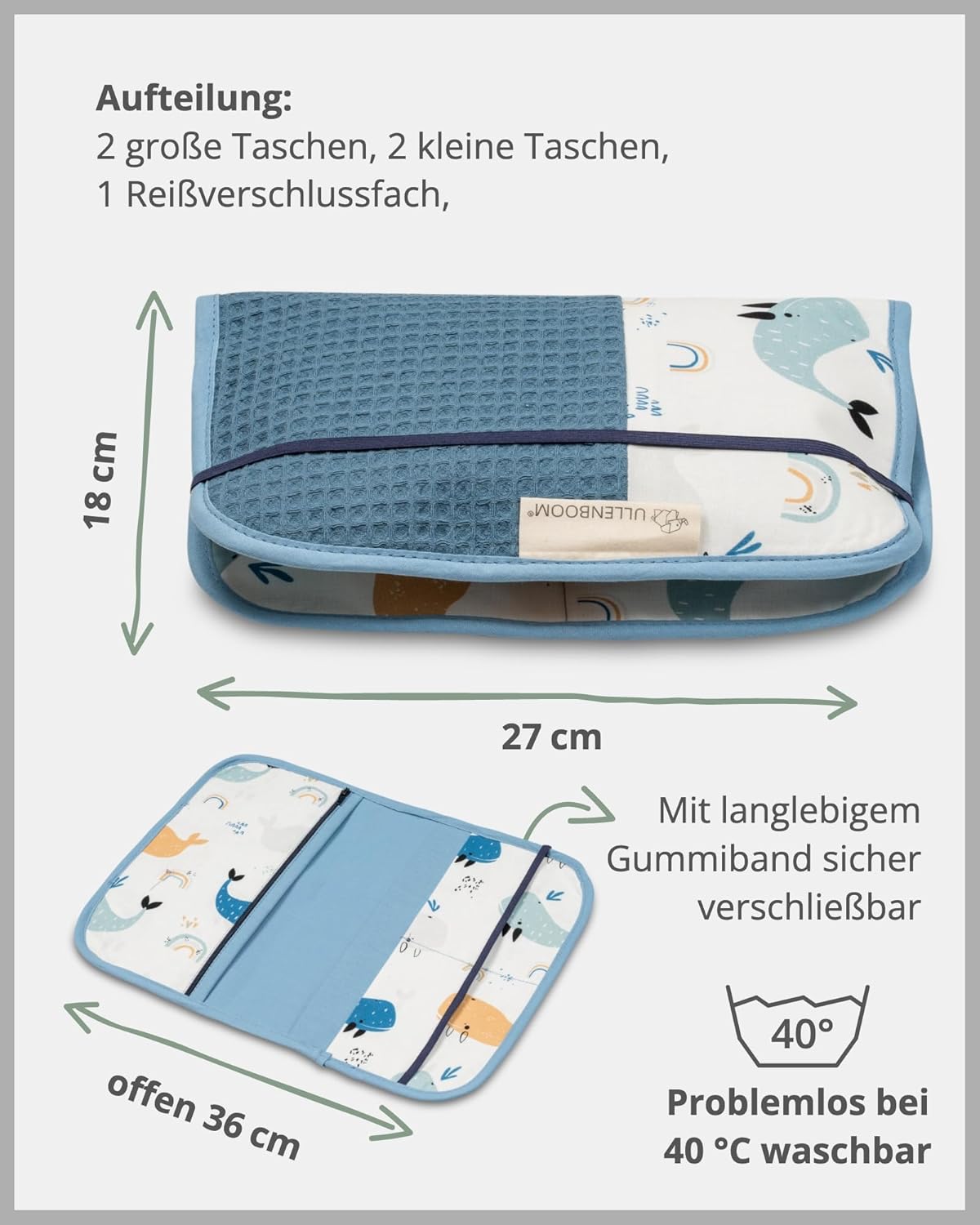 Windeltasche für unterwegs, Blau Wale 18 x 27 cm