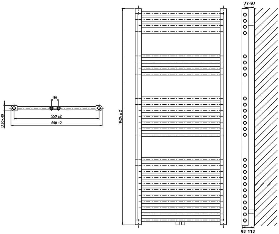 Handtuchwärmer mit Mittelanschluss 50 mm, 1424 x 600 mm Anthrazit