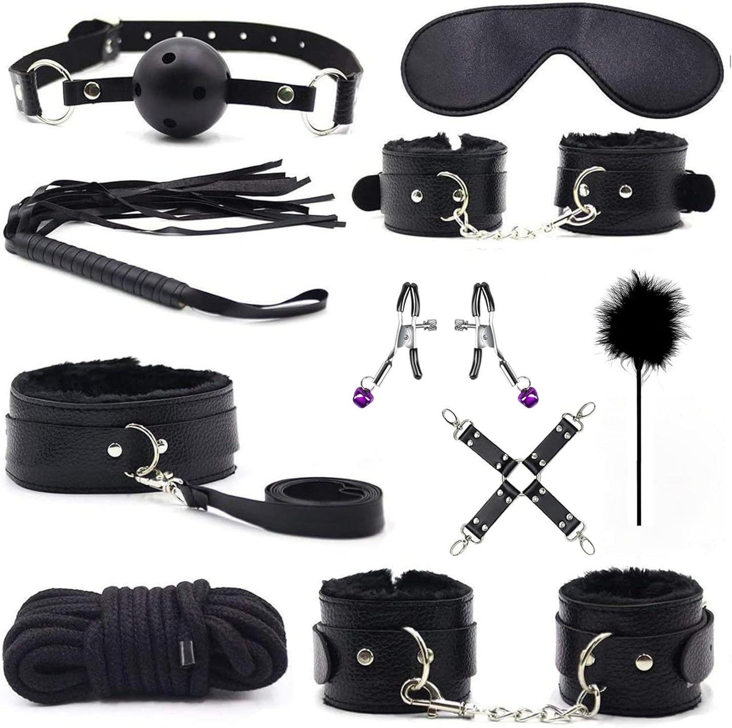 BDSM Bondage-Set mit 10 Zubehörteilen, Schwarz