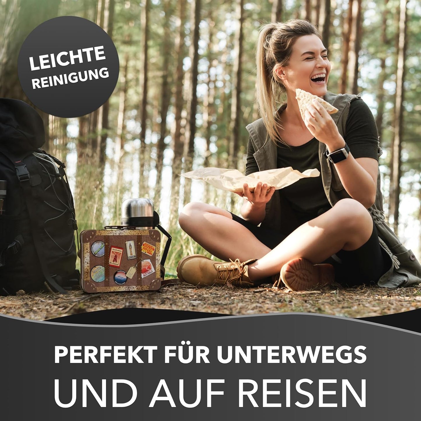 Keksdose mit bunten Stickern, Retro Koffer