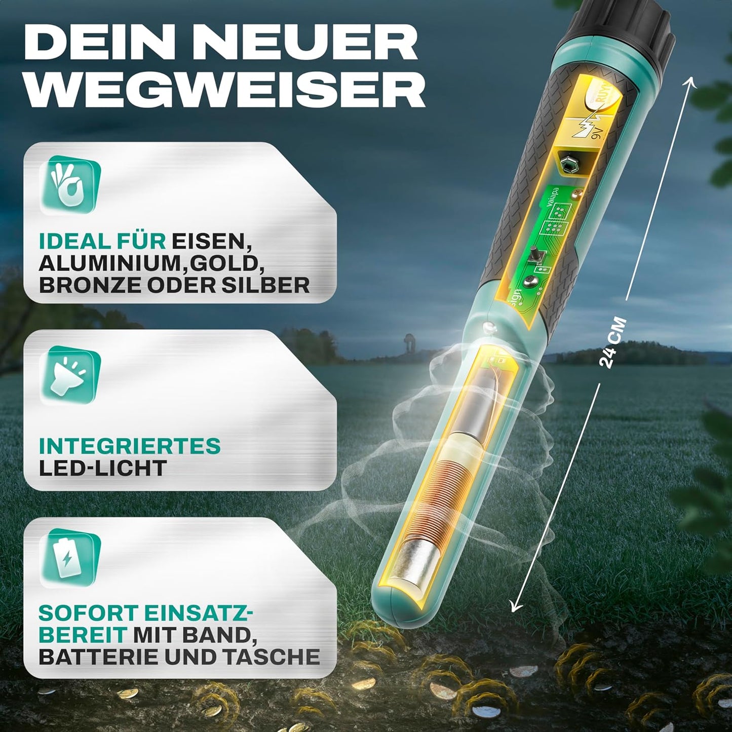 Wasserdichter Pinpointer-Metalldetektor mit LED-Licht, Grün