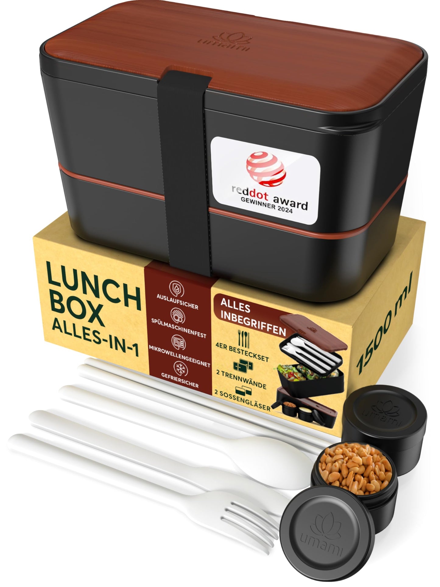 Verschachtelbare Bento Lunchbox, Schwarzes Sapele L - 1500 ml