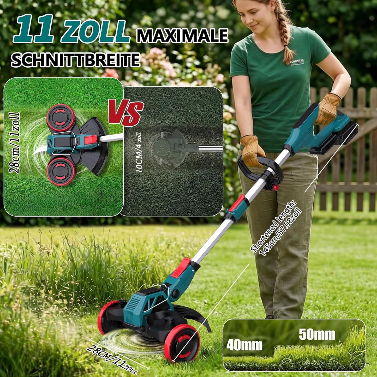 3-in-1 Akku Rasentrimmer mit Unkrautbürste, Blau