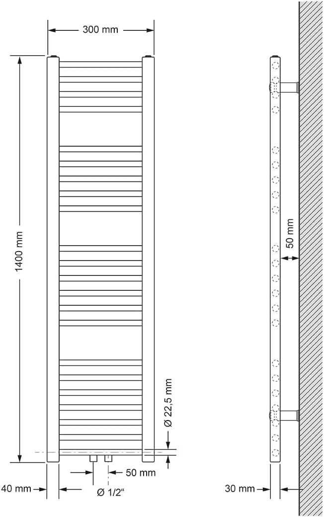 Badheizkörper Handtuchwärmer 300x1400 mm mit Thermostat, 300x1400 mm gerade mit Durchgangs-Ventil|Anthrazit