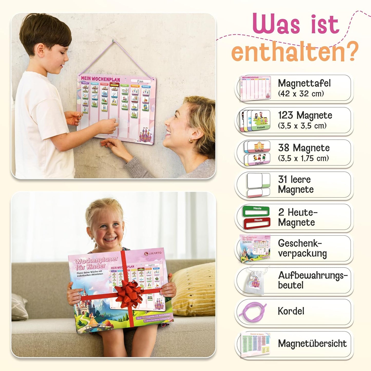 Wochenplaner und Magnettafel für Kinder, Pink Wochenplan
