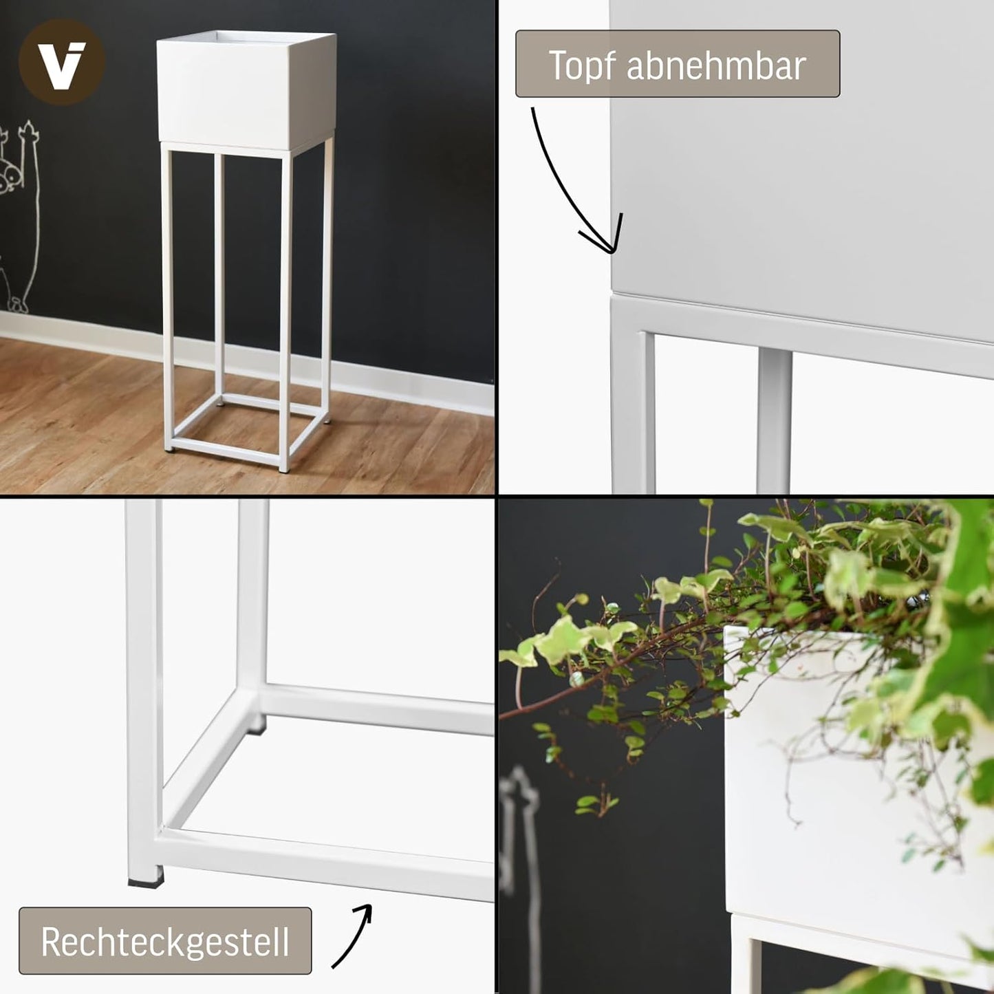 Elevate Square Blumentopf auf Ständer mit Beinen, Weiss Matt, 79x25x25 cm Square