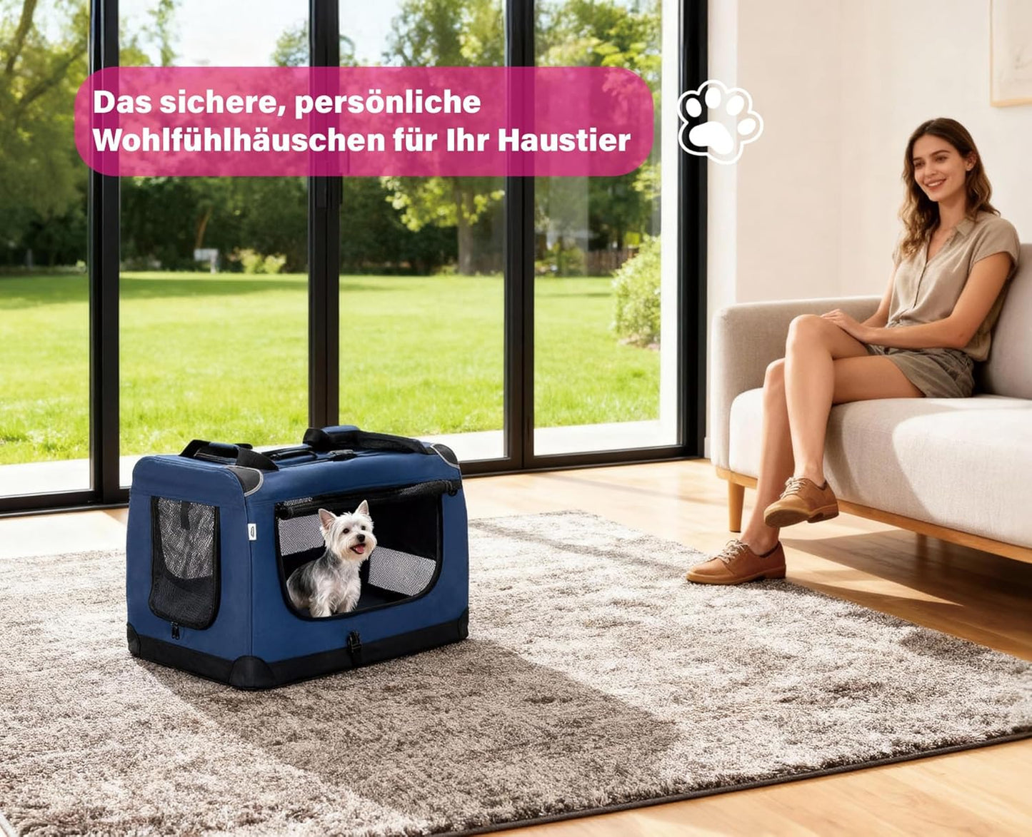Faltbare Hundetransportbox mit Napf und Kotbeutel, M Dunkelblau