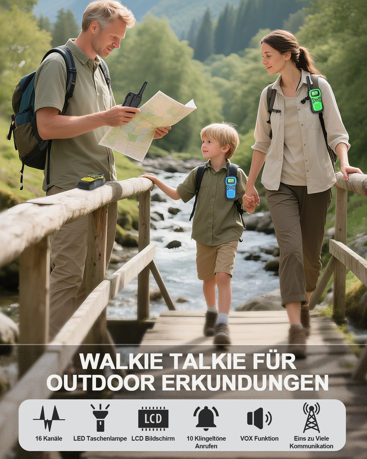 Walkie Talkie Set für Kinder mit 16 Kanälen, Gelb Blau Grün