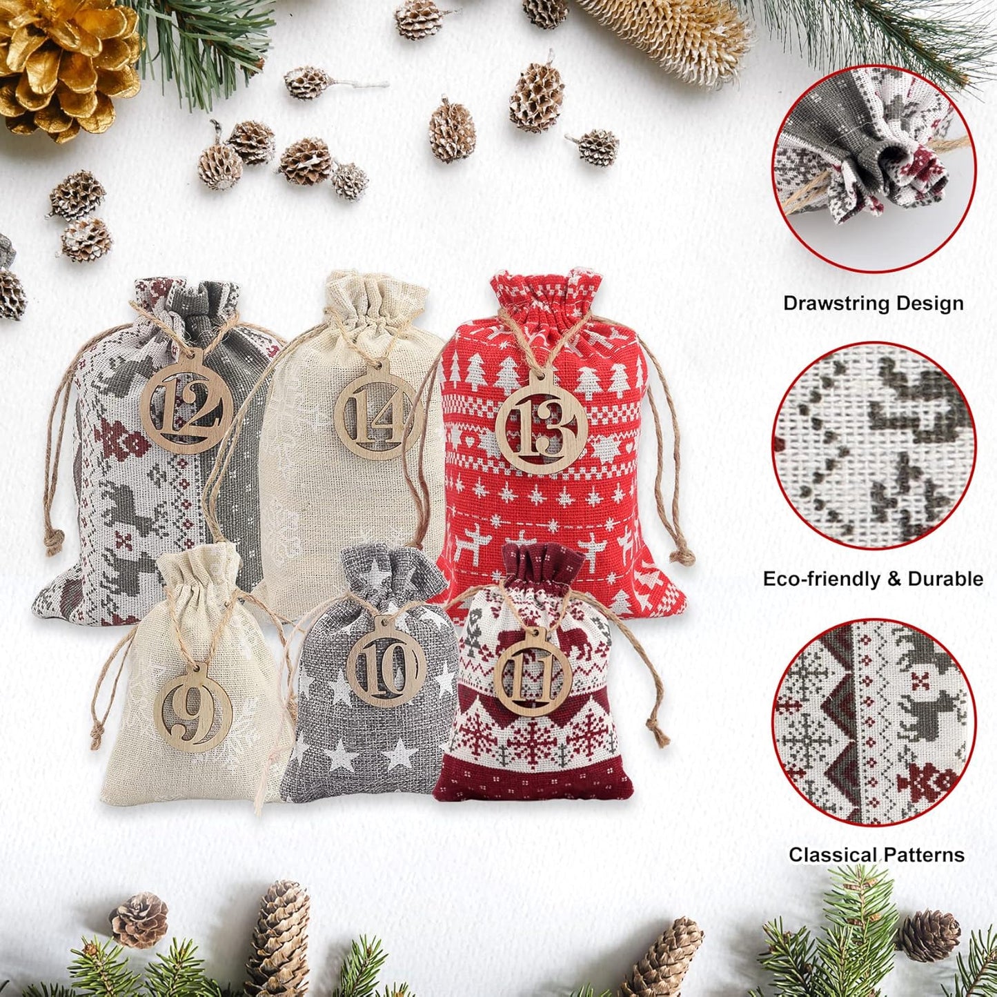 Adventskalender Stoffbeutel-Set zum Befüllen, 24 Stück