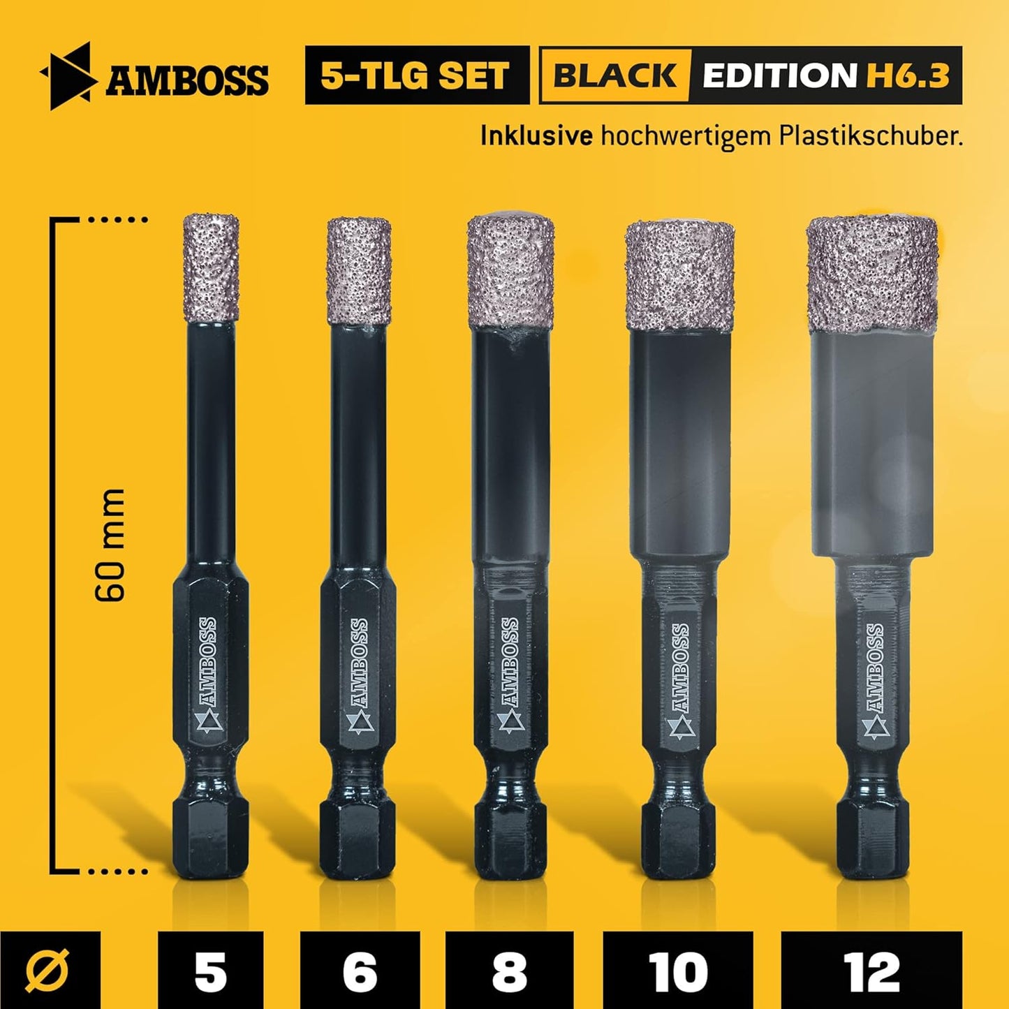5-teiliges Fliesenbohrerset  -  Black Edition, Set Ø 5-12 mm (5tlg.) / für Akkuschrauber, Bohrmaschine