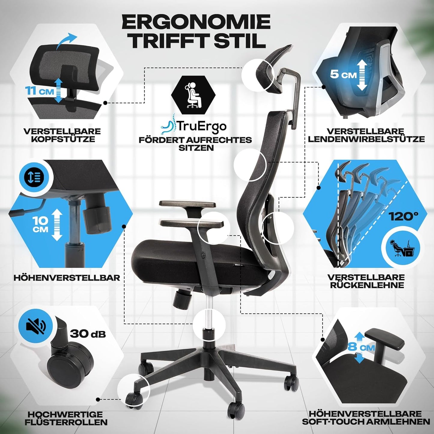 Ergonomischer Bürostuhl M3 mit Lendenwirbelstütze, M3 Klassik (Schwarz)