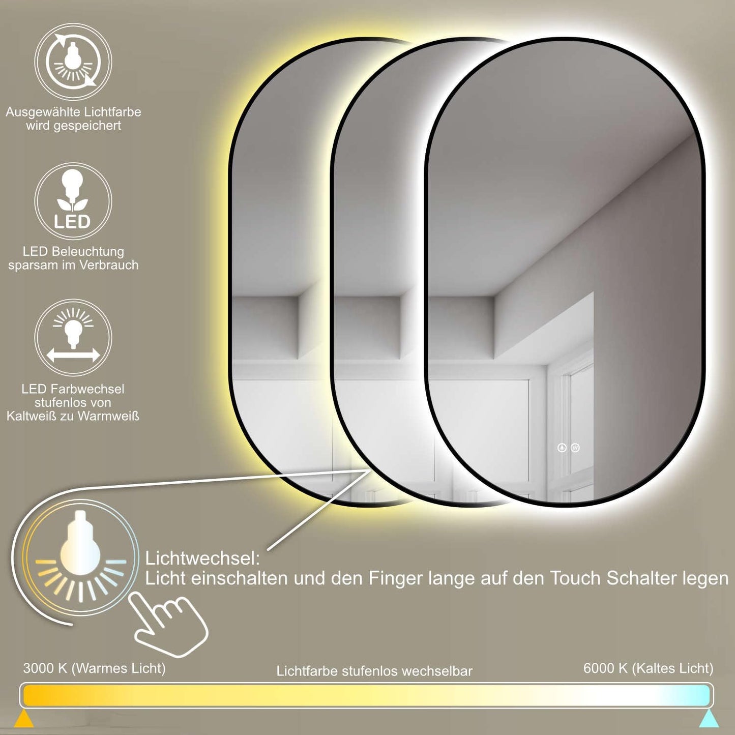 Ovaler LED-Antibeschlagspiegel 60x100 cm, Schwarz-oval Antibeschlag 100L x 60B cm