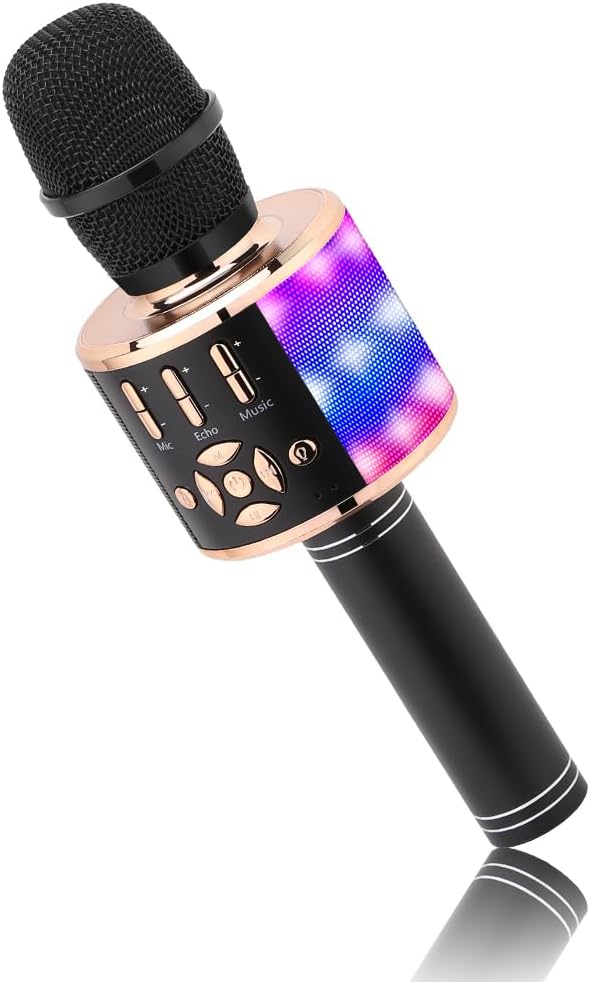 Kabelloses Bluetooth-Kindermikrofon mit LED-Lichtern, Schwarzes Gold