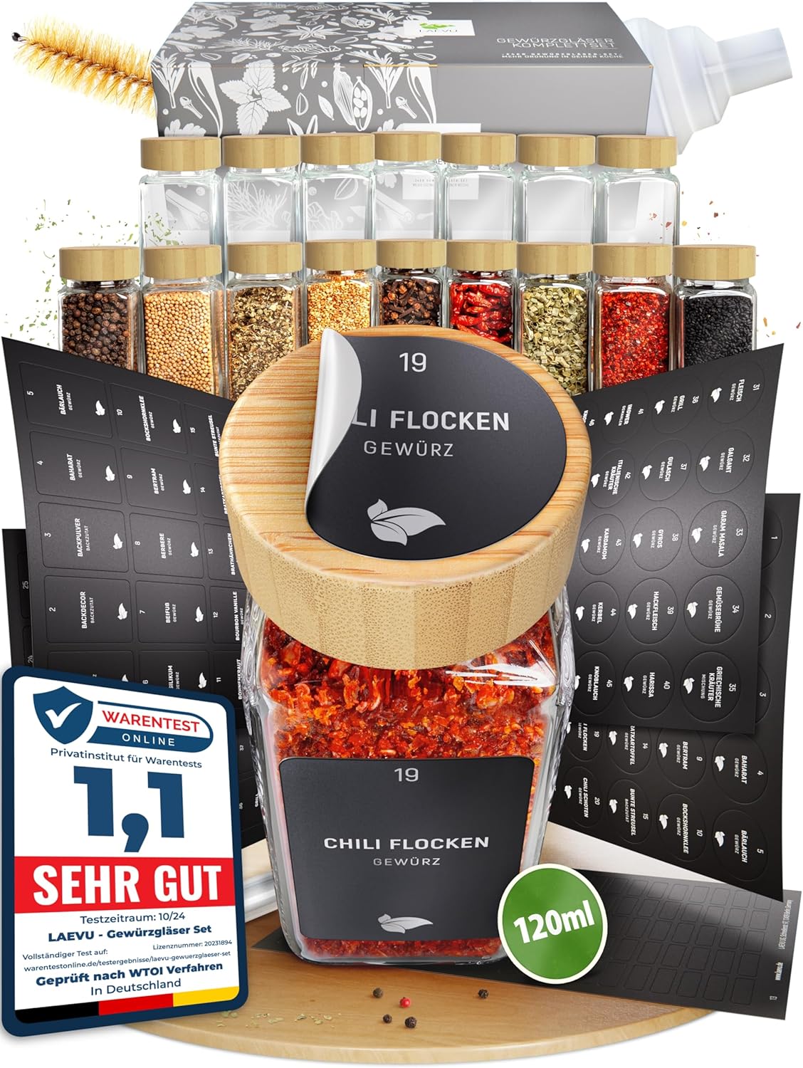 24-teiliges Gewürzgläser Set Eckig mit Gewürzetiketten, Streueinsätze, 24er Set - Bambus