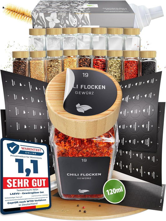 24-teiliges Gewürzgläser Set Eckig mit Gewürzetiketten, Streueinsätze, 24er Set - Bambus