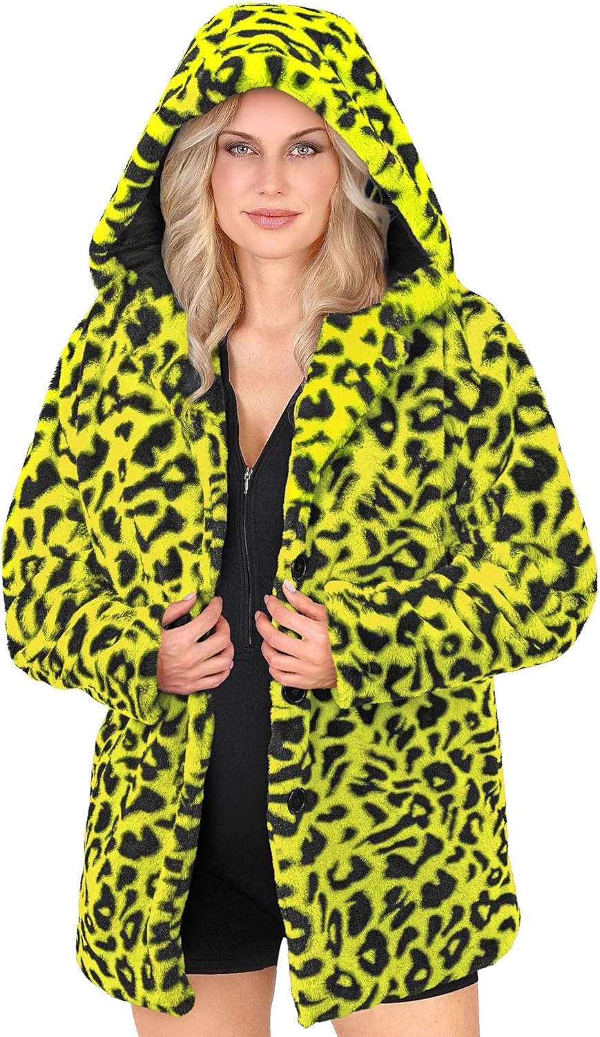 Neon Gelber Animalier Leopardenmuster Plüschmantel mit Kapuze, XXL Neon-gelb