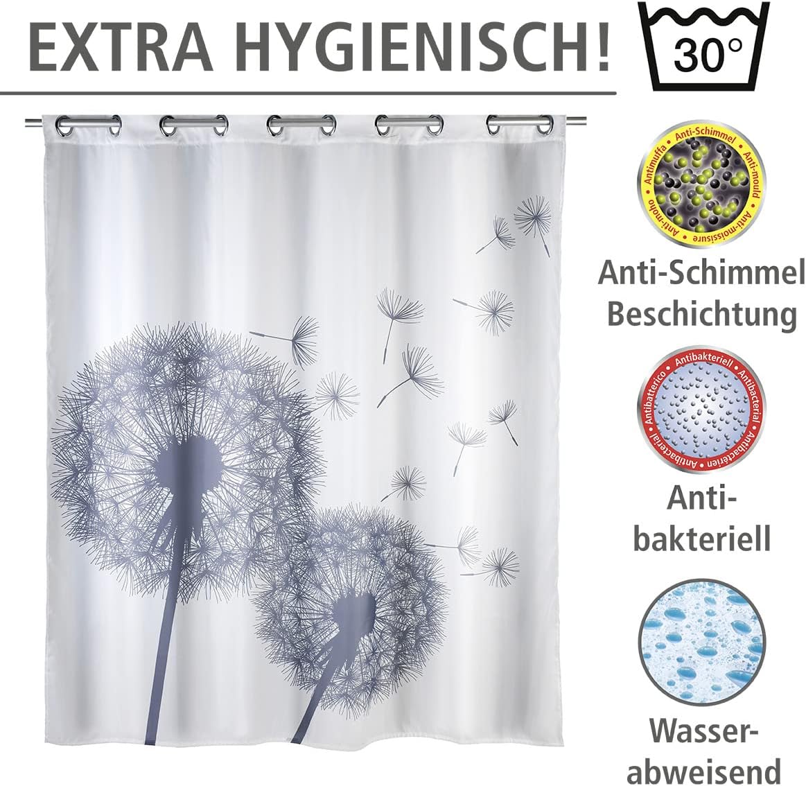 Anti-Schimmel Duschvorhang Astera mit Flex-Ringen, Astera