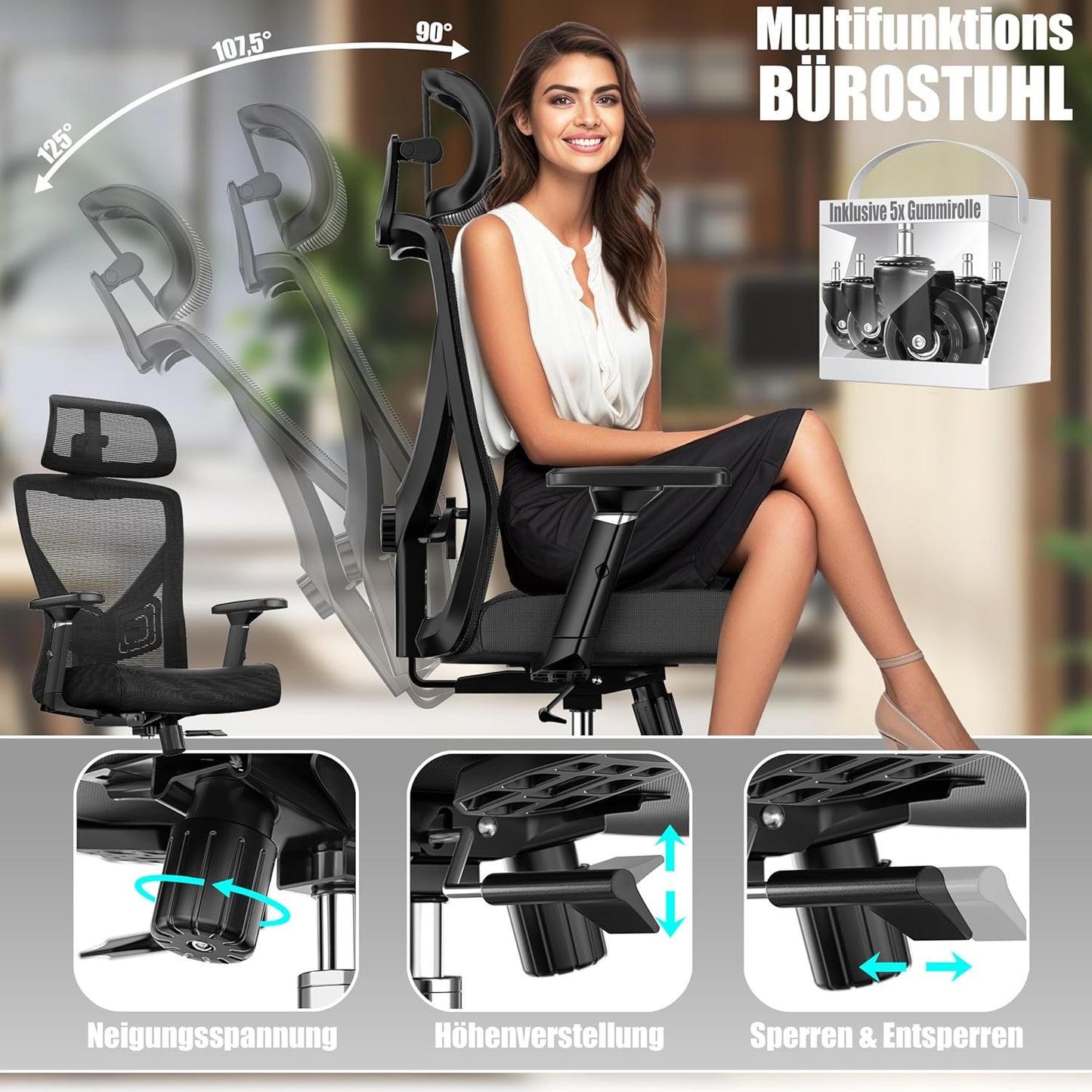 Ergonomischer Bürostuhl mit Wippfunktion, Schwarz / Silber