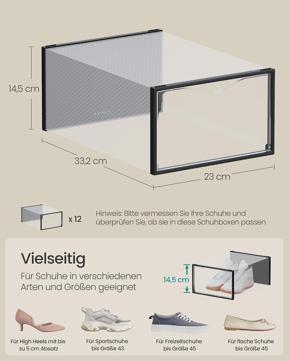 12x stapelbare Schuhboxen, Transparent + Tintenschwarz 12