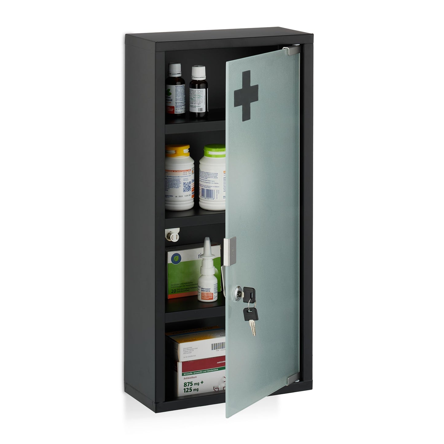 Abschliessbarer Medizinschrank mit Glastür und 4 Fächer