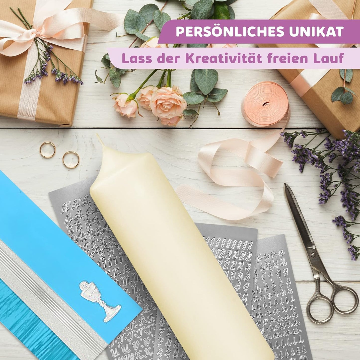 DIY Taufkerze-Set mit Buchstaben und Wachsmotiven, Türkis mit Kelch Kerze 25x7 cm | Creme