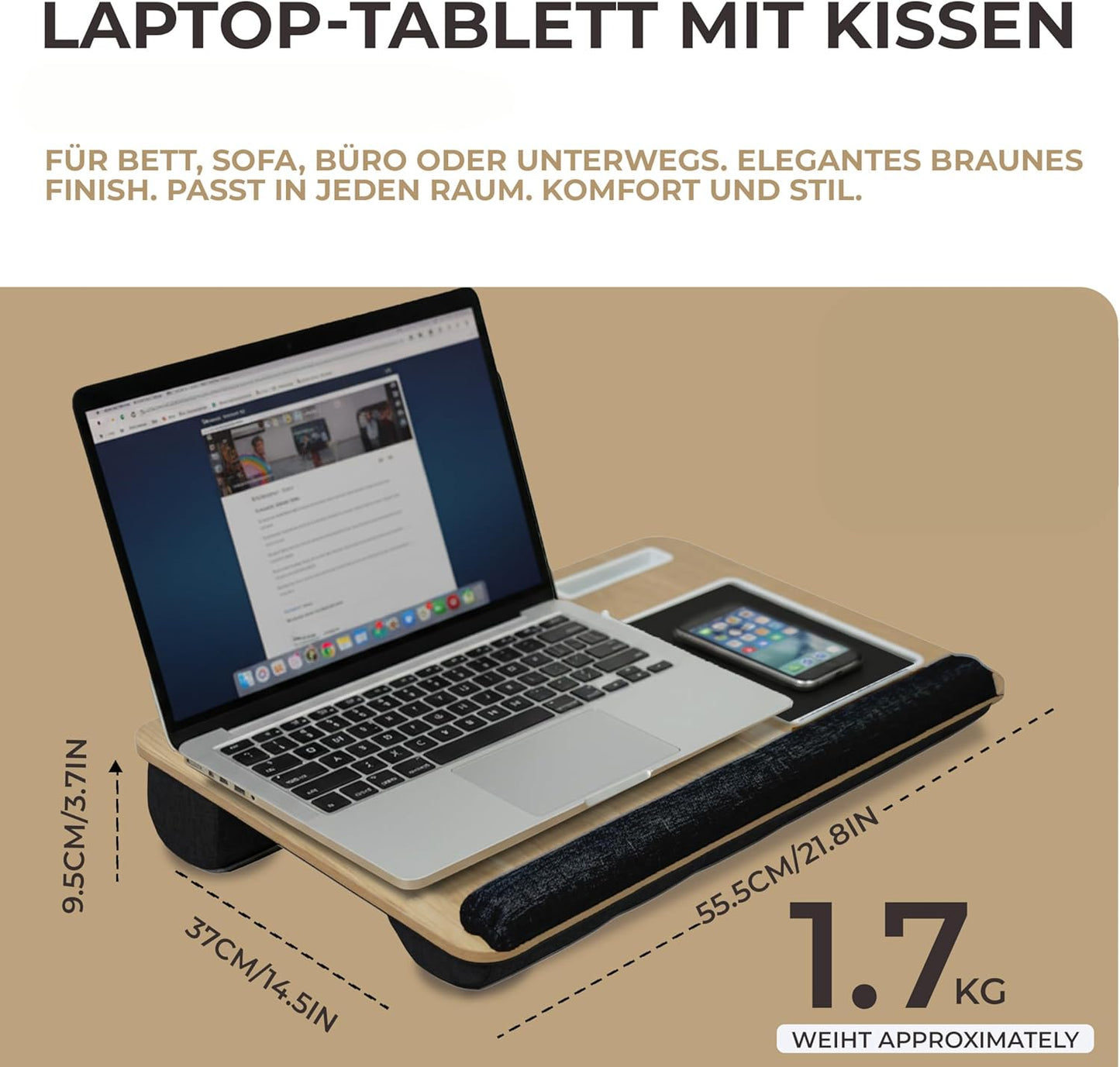 Knietablett mit Kissen & Handyhalter für Laptops, Schwarz