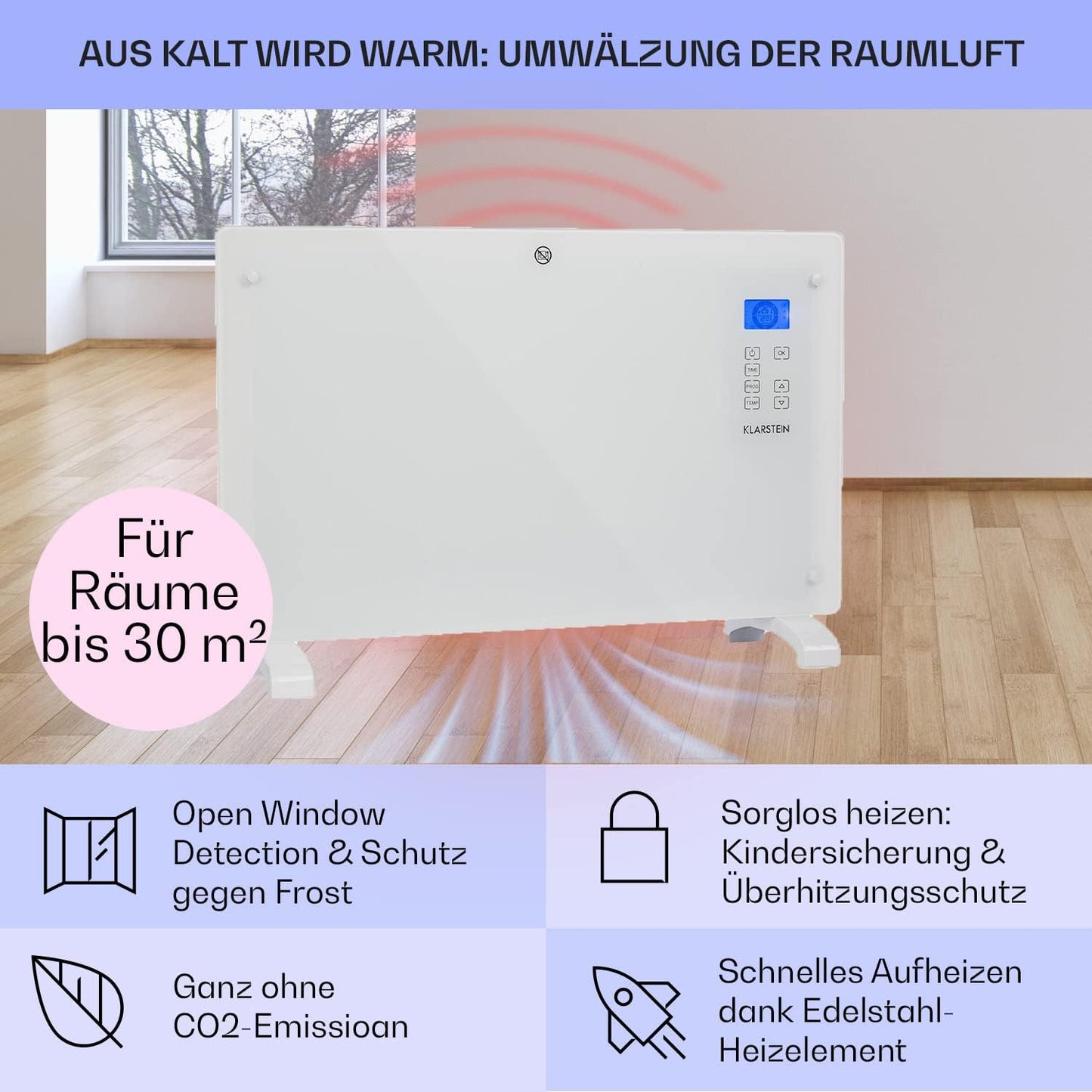 Elektroheizung Konvektor mit Thermostat, 2000 Watts - bis 30 m² Weiss