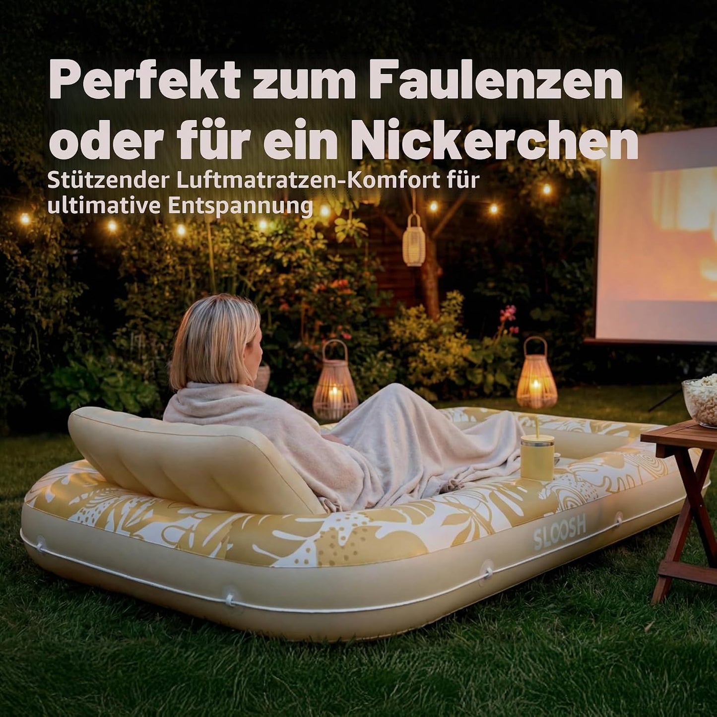 Aufblasbarer 4-in-1 Sonnenliegepool mit Kissen und Getränkehalter, Gold Weiss L