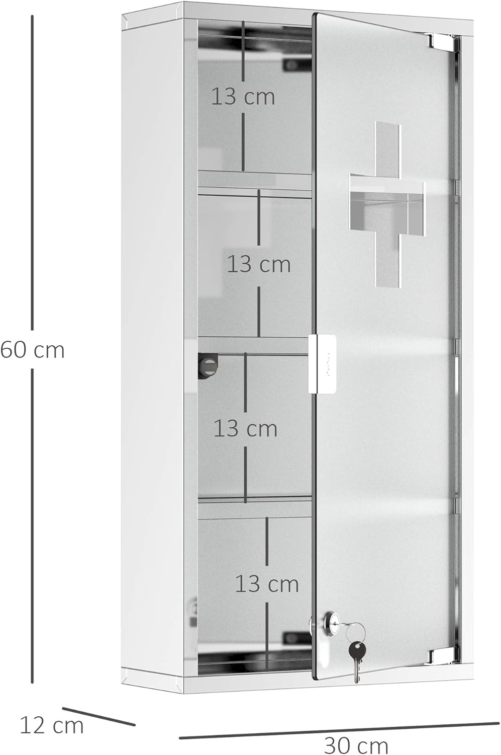 Abschliessbarer Medizinschrank mit 4 Fächern, Silber B30 x T12 x H60 cm
