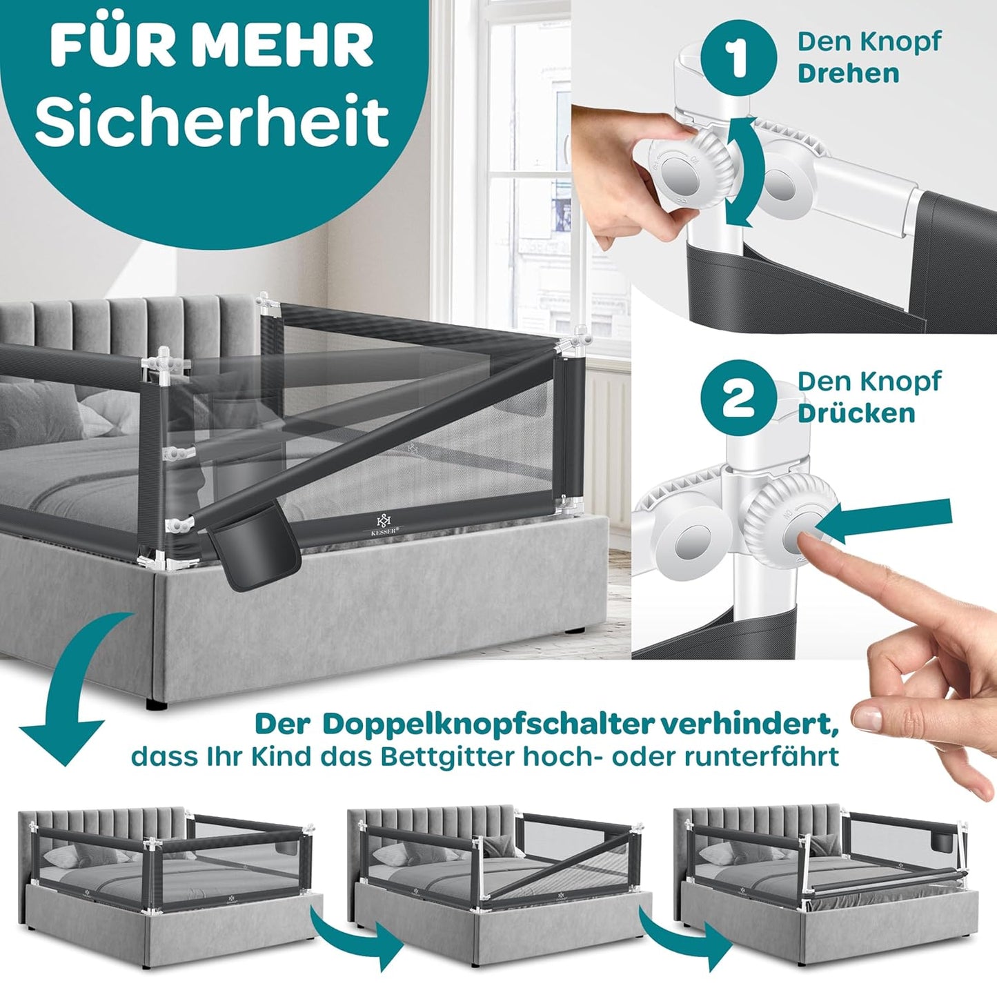 Bettschutzgitter für Kinder, 150cm Dunkelgrau