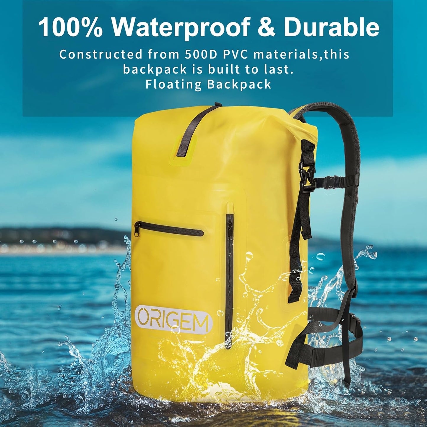 Wasserdichter Rolltop Rucksack, Gelb 35L