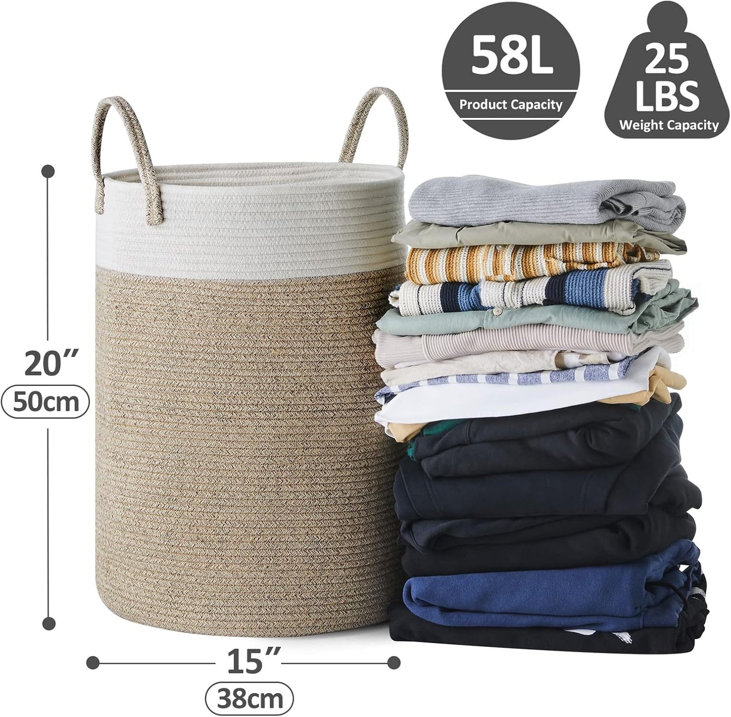 Geflochtener Wäschekorb mit Griffen, 58L, Weiss & Braun 58L