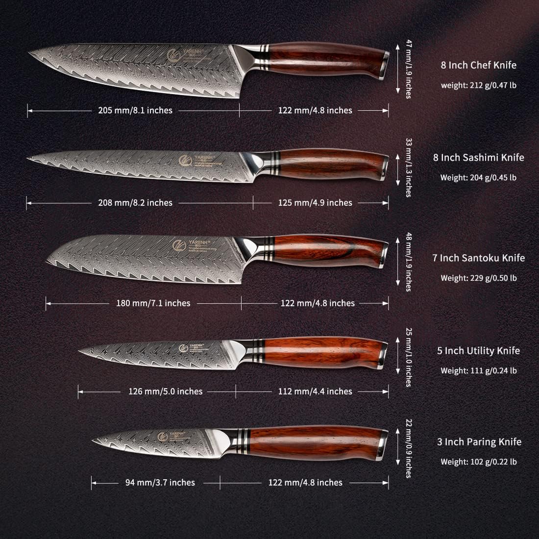 5-teiliges Damast Küchenmesser-Set mit Geschenkbox, Kochmesser Set 5er