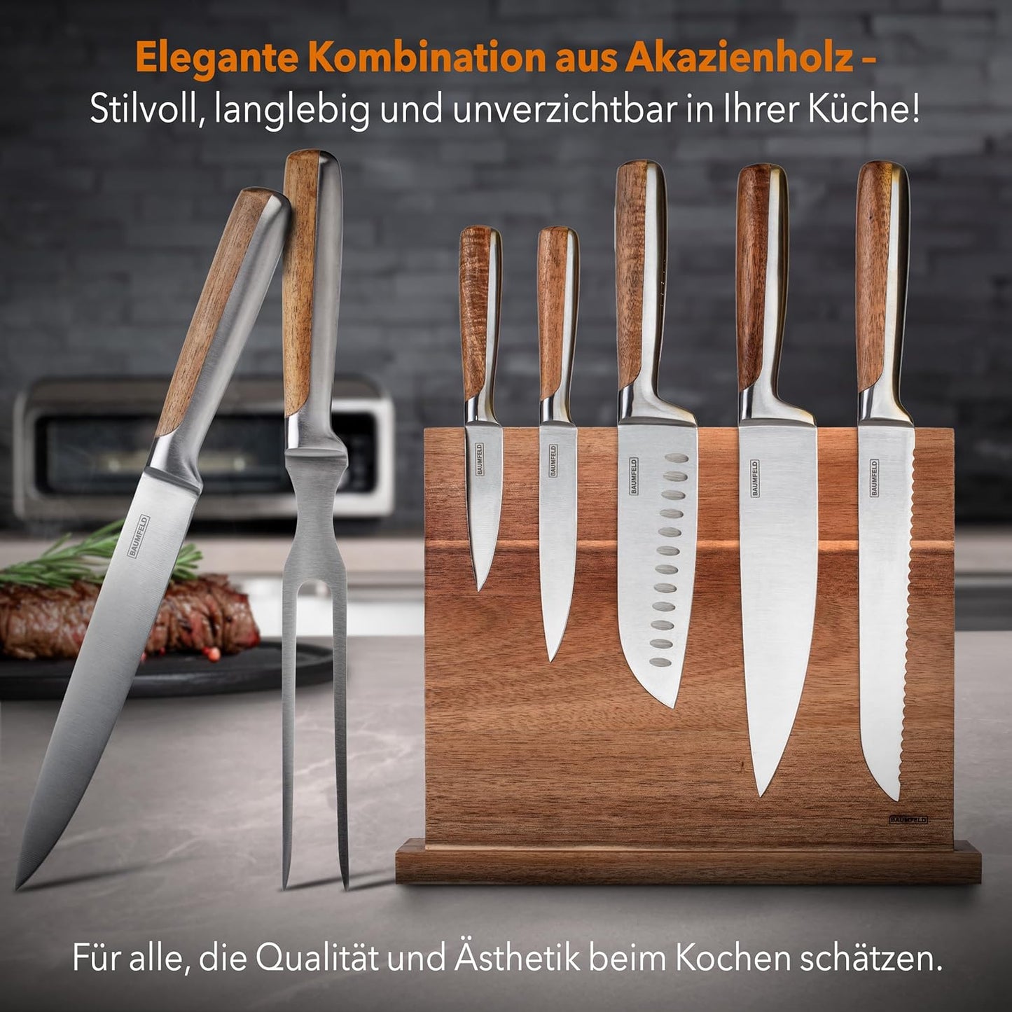 Messerblock-Set mit Tranchierbesteck, Silber Edelstahl + Tranchierbesteck