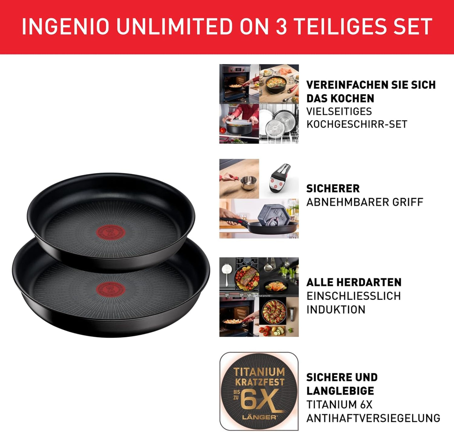 3-teiliges Pfannenset Ingenio Unlimited On, Pfannenset 3-tlg - 22/ 26cm + Griff