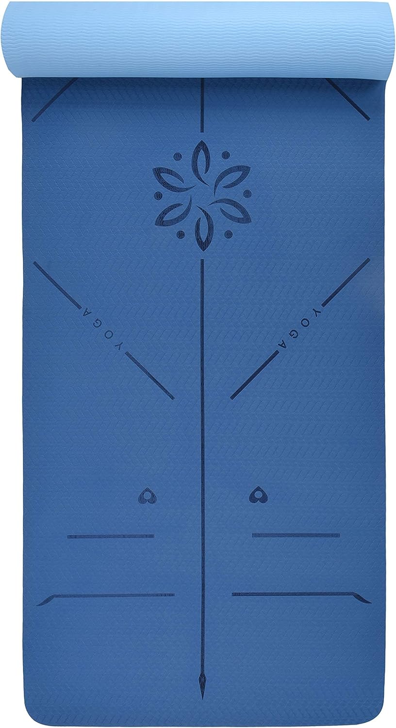 Rutschfeste Yogamatte mit Ausrichtungslinien, blau