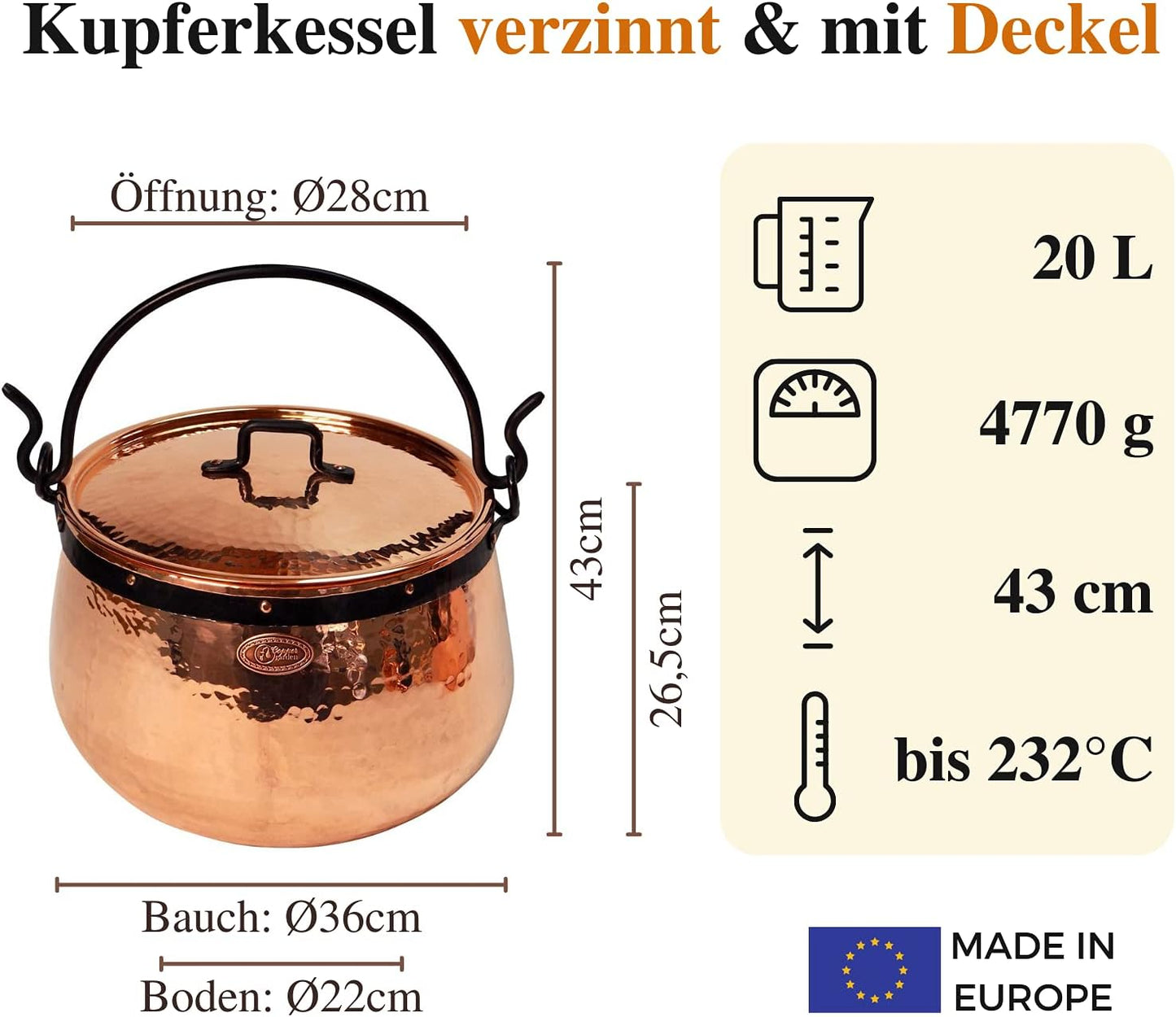 Kessel mit Henkel & Deckel, 20 L / Verzinnt mit Deckel
