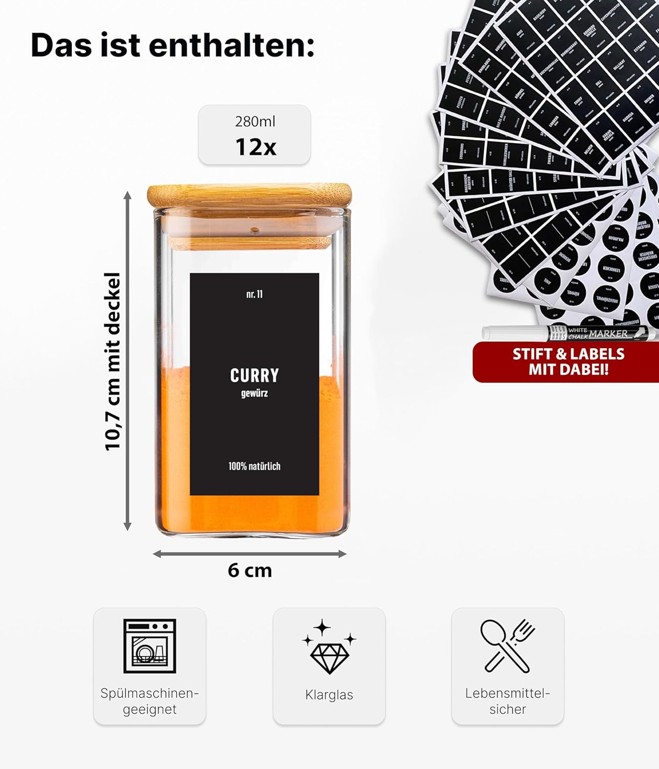 Vorratsgläser-Set mit Deckel, 12 Stk., 1 Grösse/280ml, eckig