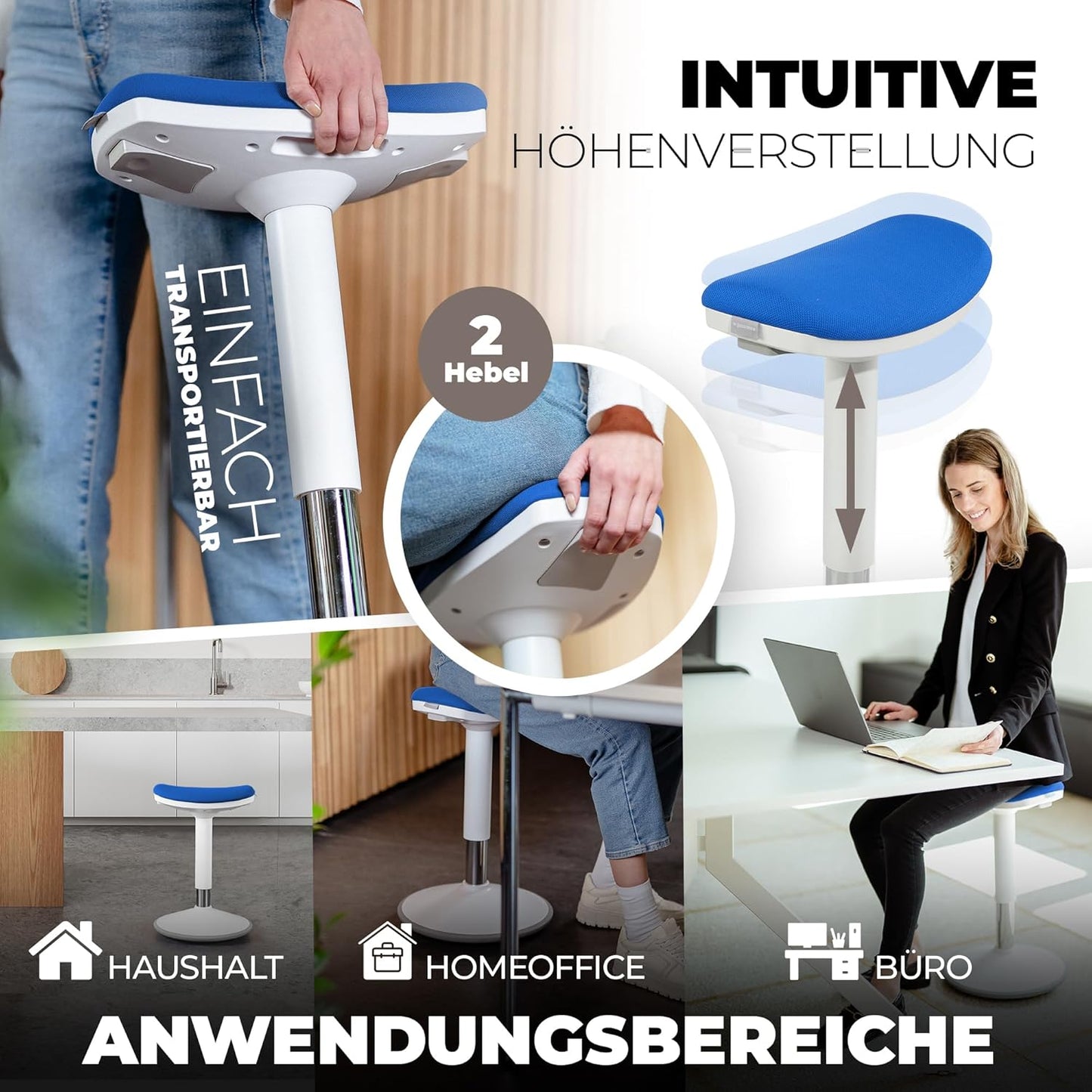 Ergonomischer Büro-Sattelhocker höhenverstellbar, Blau