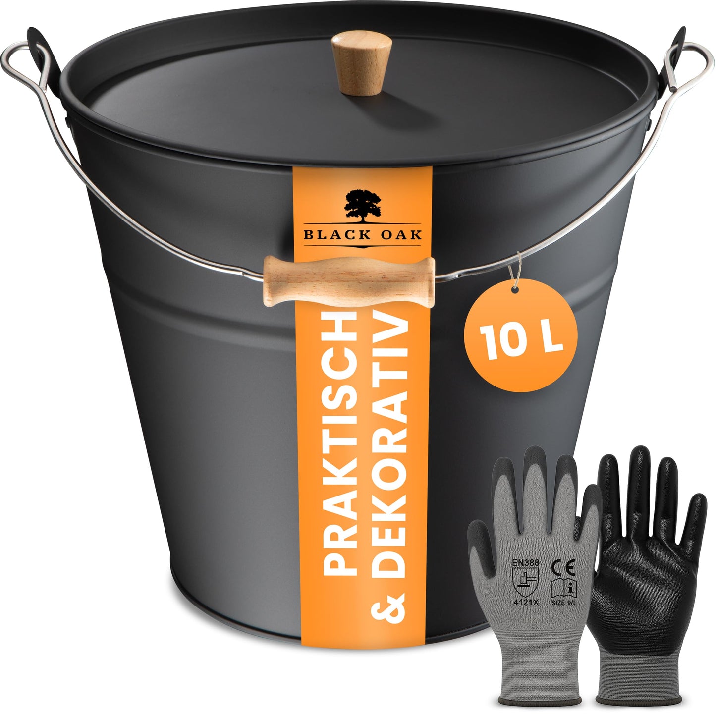 Feuerfester Ascheeimer mit Deckel & Handschuhen, Fuego, Fuego 10L Eimer